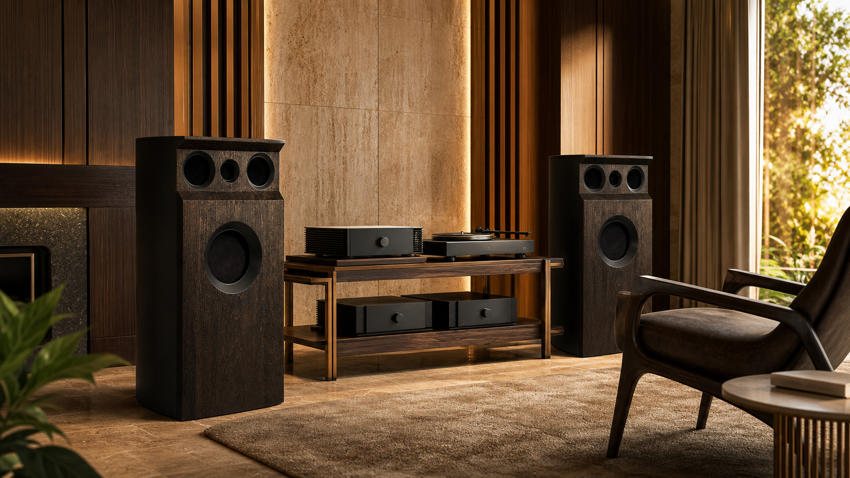 Акустическая система Hi-Fi-класса в интерьере, колонки из шпона ореха